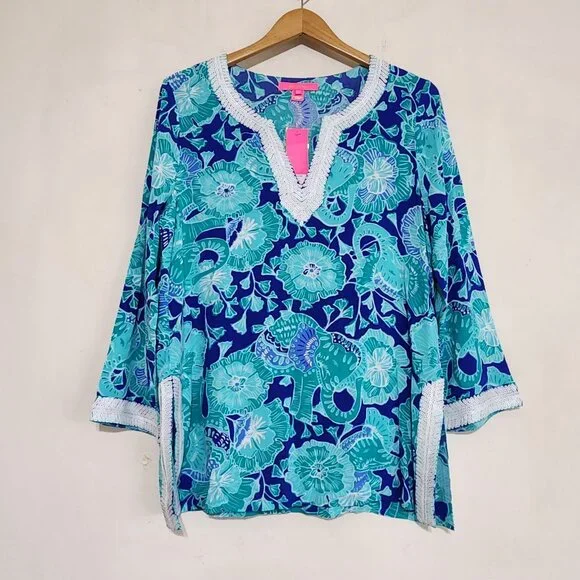 Lilly Pulitzer Renato Sequined Tunic Top Agate Green Mint to Be Floral Tropical - Picture 2 of 13